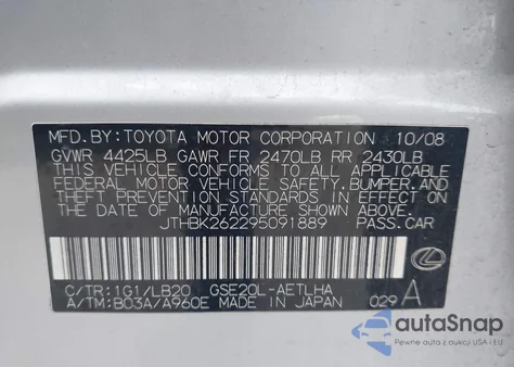 2009 Lexus Is 250 z USA, uszkodzony, nr VIN JTHBK262295091889